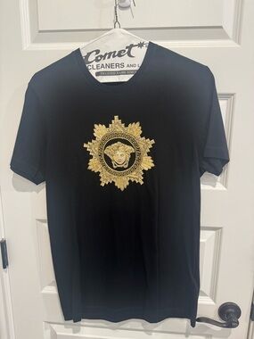 Versace Black Tee with Gold Medusa Crest